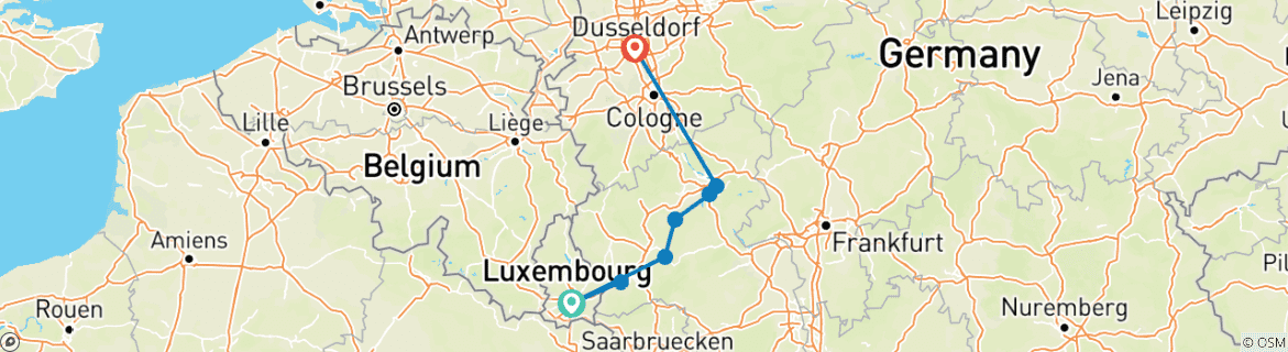 Image of a map showing the route of the tour