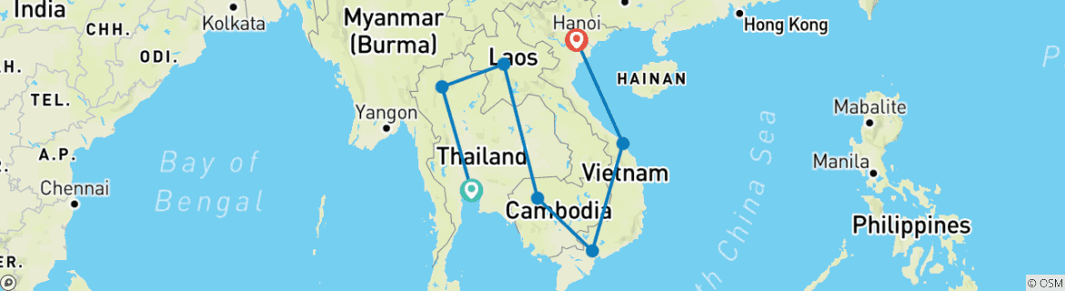 Image of a map showing the route of the tour