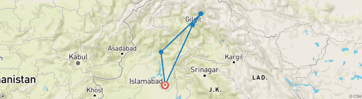 Image of a map showing the route of the tour