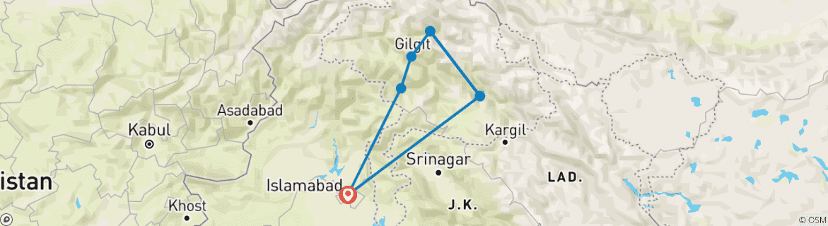 Image of a map showing the route of the tour
