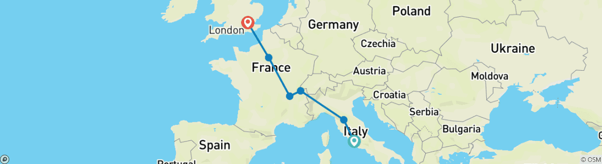 Kaart van Rome naar Londen-route (hostels, winter vanaf maart '27, leeftijd 18-22)