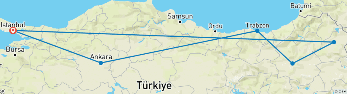 Image of a map showing the route of the tour