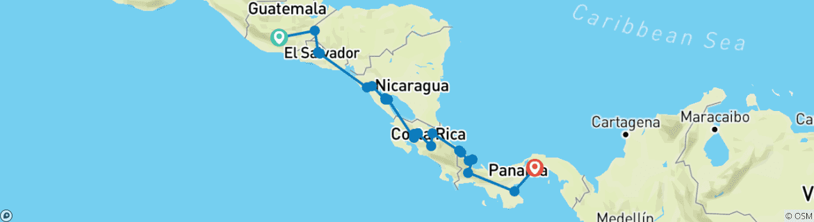 Image of a map showing the route of the tour