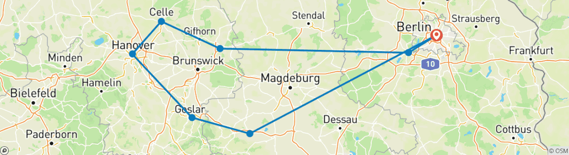Image of a map showing the route of the tour