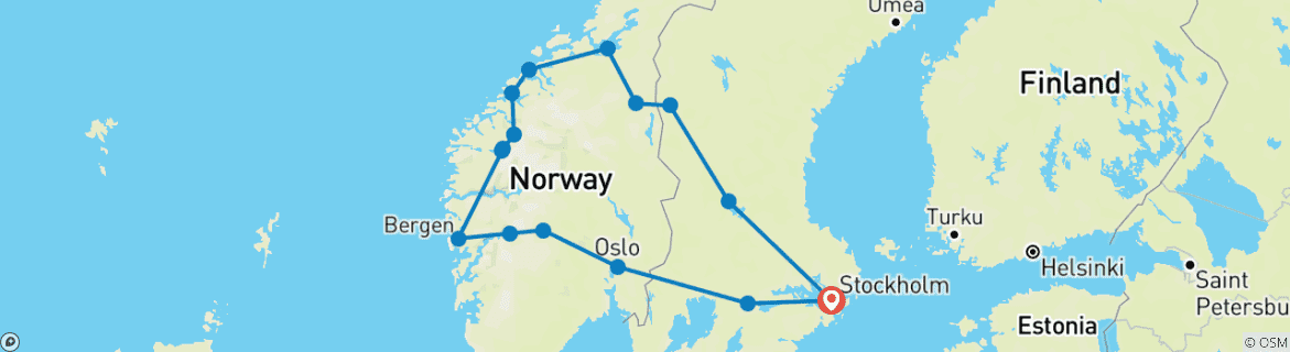 Image of a map showing the route of the tour