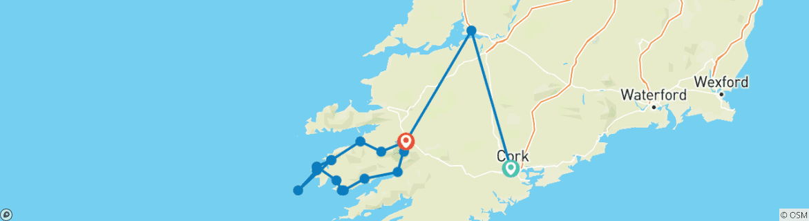 Mapa de Kerry Way, ruta de senderismo autoguiada de 12 días