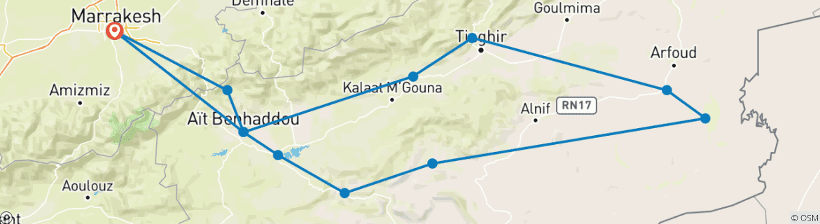 Image of a map showing the route of the tour