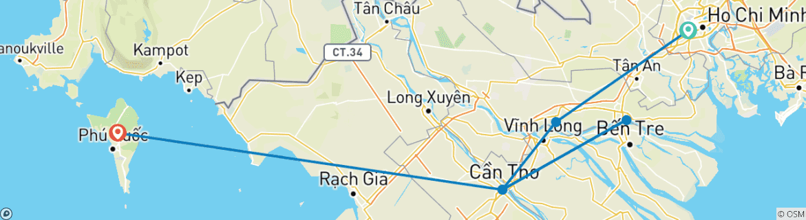 Image of a map showing the route of the tour