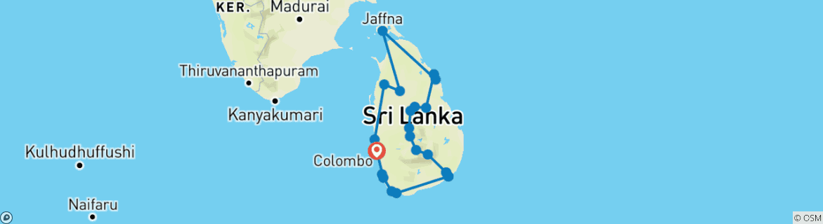 Carte du circuit Grande découverte du Sri Lanka : patrimoine, faune et plages