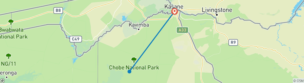 Carte du circuit Safari emblématique de 2 jours à Chobe : observation de la faune et croisière