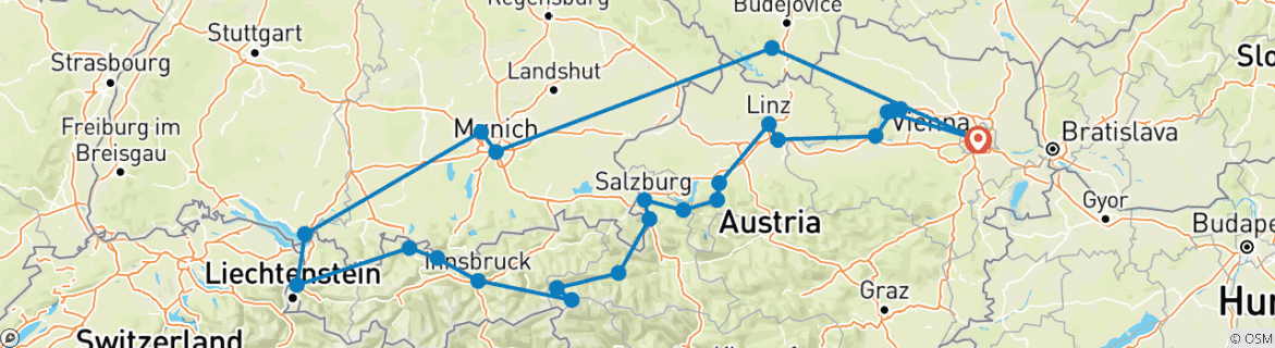 Image of a map showing the route of the tour