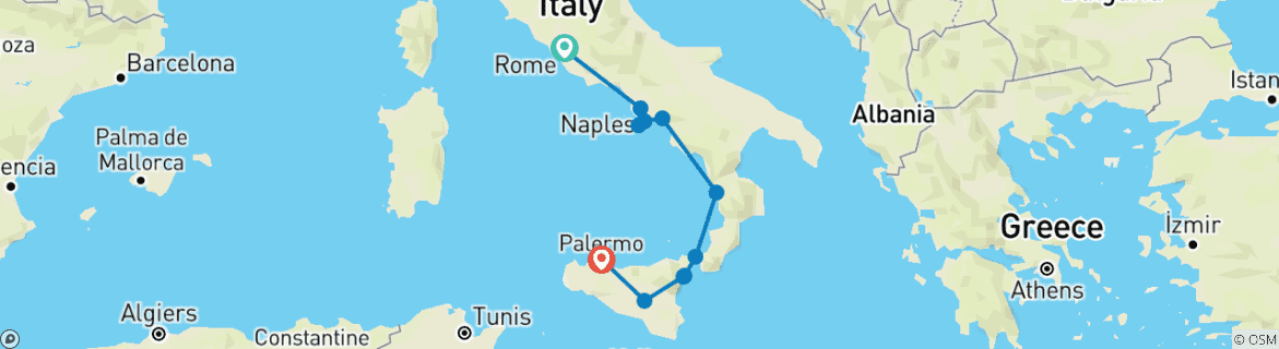 Image of a map showing the route of the tour