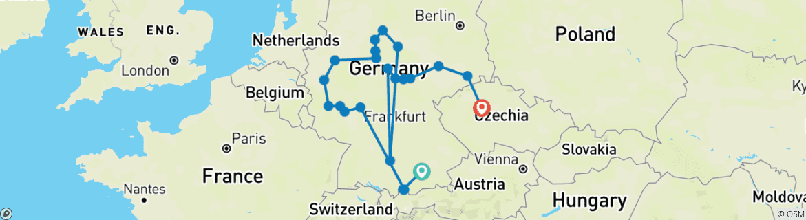 Image of a map showing the route of the tour