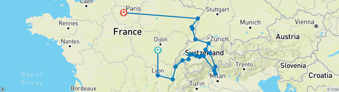 Kaart van Frankrijk en Zwitserland met de betoverende Elzas (van Beaune tot Parijs)
