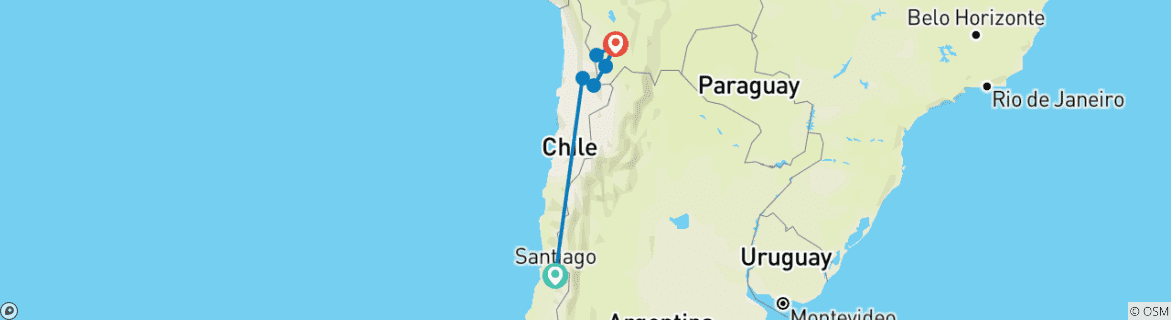 Mapa de Chile y Bolivia: Santiago, San Pedro de Atacama, Uyuni - 9 días