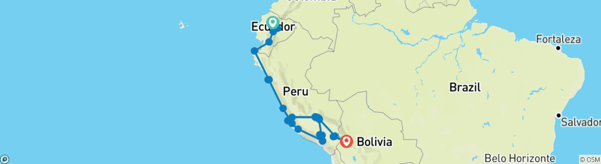 Mapa de De Quito a La Paz: Amazonas y culturas antiguas