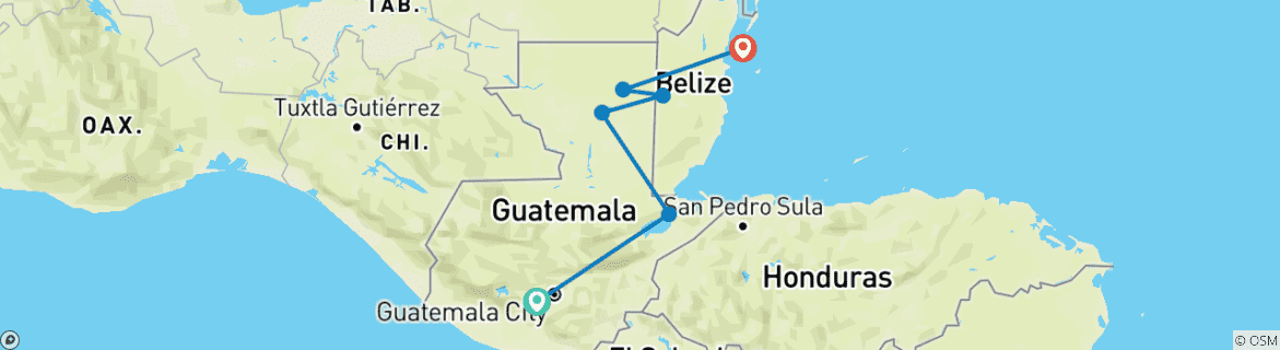 Mapa de Guatemala a Belice (6 destinations)