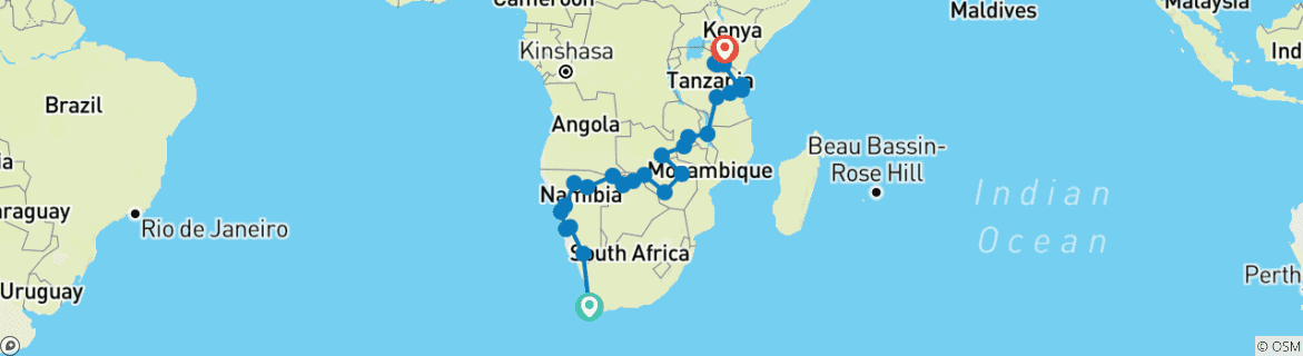 Kaart van Van Kaapstad naar Kenia