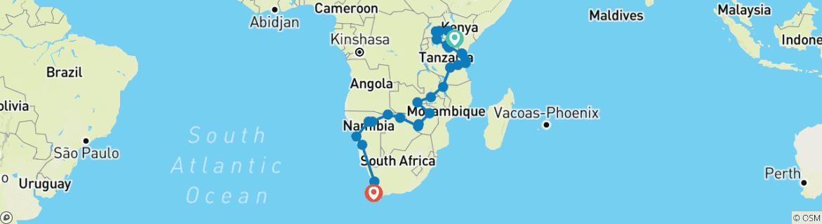 Carte du circuit L'Afrique englobée vers le sud (63 destinations)