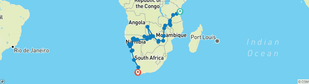 Foto van een kaart met de route van de rondreis