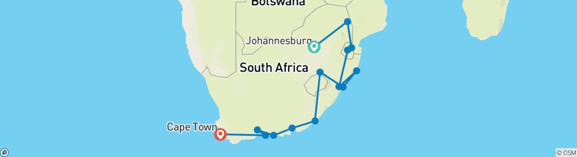 Carte du circuit Kruger, Côte et Cap (from Johannesburg to Montagne de la Table)