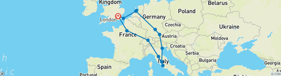 Image of a map showing the route of the tour