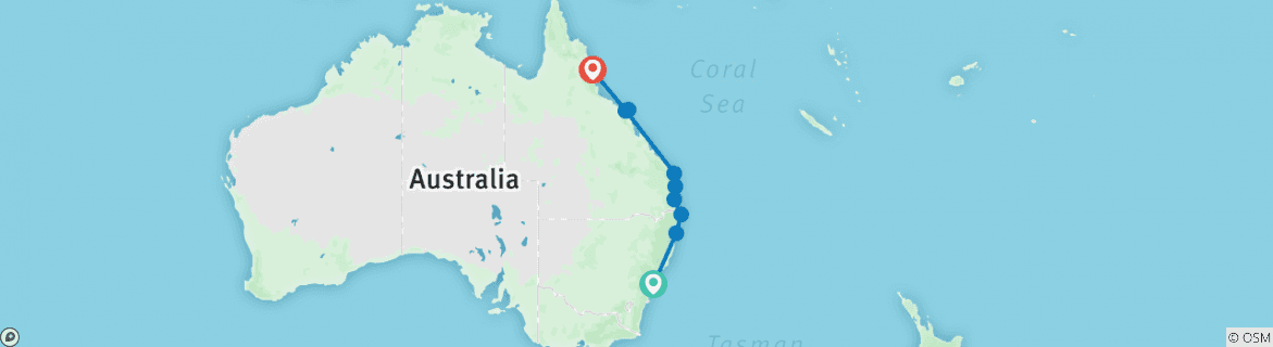 Map of Most of the Coast: Sydney to Cairns