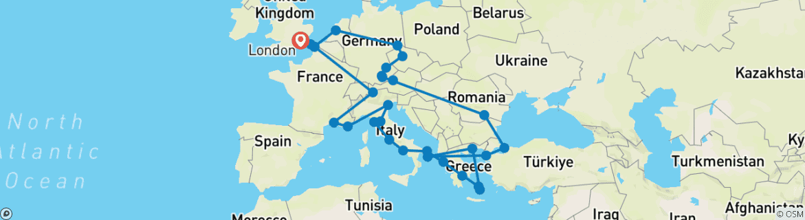 Carte du circuit Ultimate European (plus les îles grecques, départ de Londres)