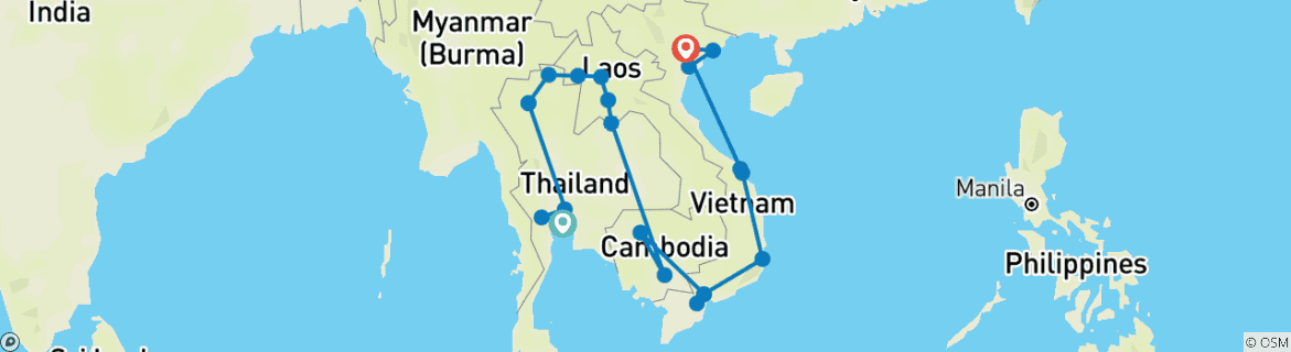 Map of Ultimate South East Asia (27 Days, Intra Tour Air Phnom Penh To Siem Reap)