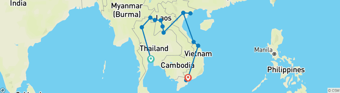 Image of a map showing the route of the tour