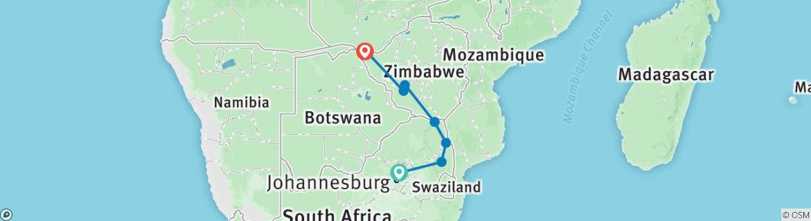 Map of 7-day Kruger to Victoria Falls (Camping)