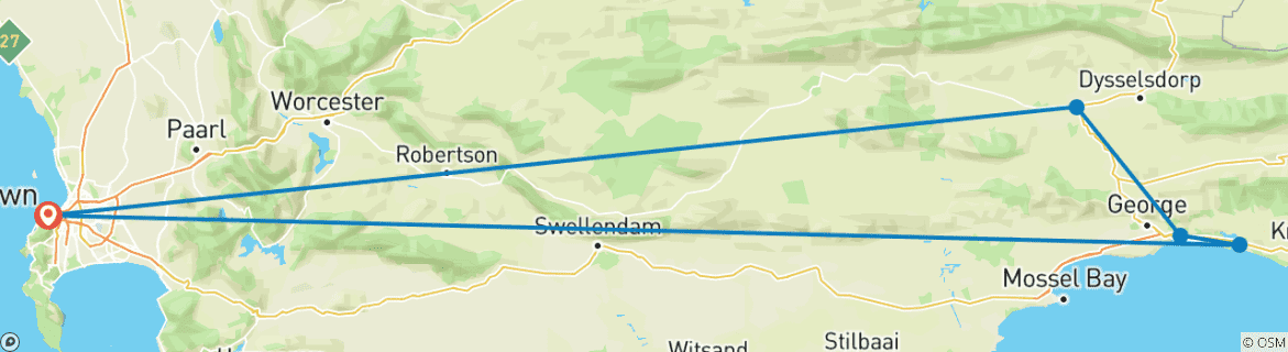Carte du circuit Route des jardins + Safari au départ du Cap - 3 jours