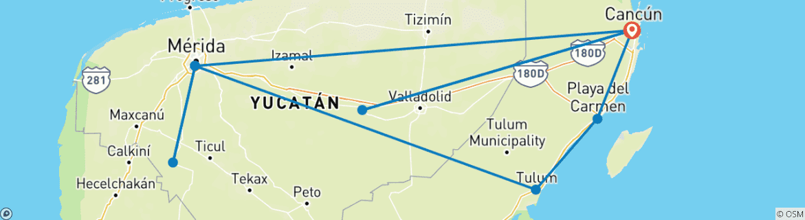 Carte du circuit Expérience au Yucatan et au Quintana Roo