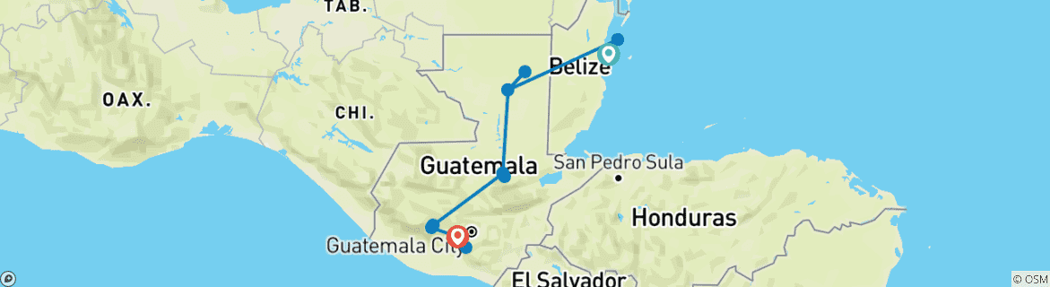 Mapa de Inicia en Ciudad de Belice acaba en Ciudad de Guatemala