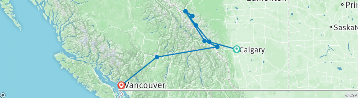 Map of Great Resorts of the Canadian Rockies with the Rocky Mountaineer