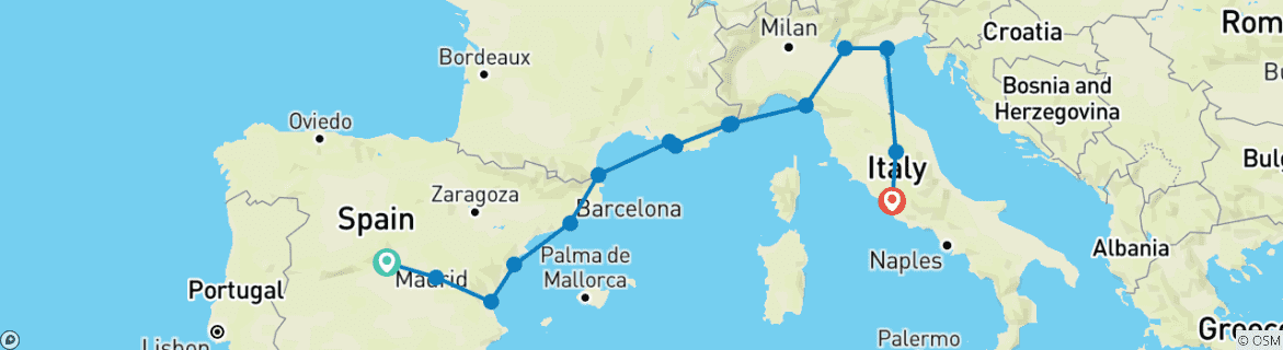 Carte du circuit Saveurs méditerranéennes (15 destinations)