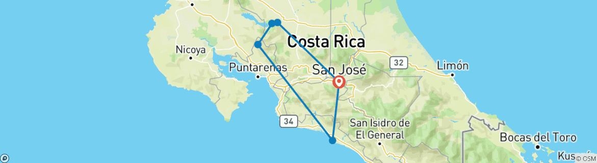 Image of a map showing the route of the tour