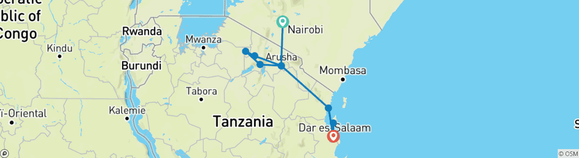 Map of Nairobi to Dar es Salaam 11 Days