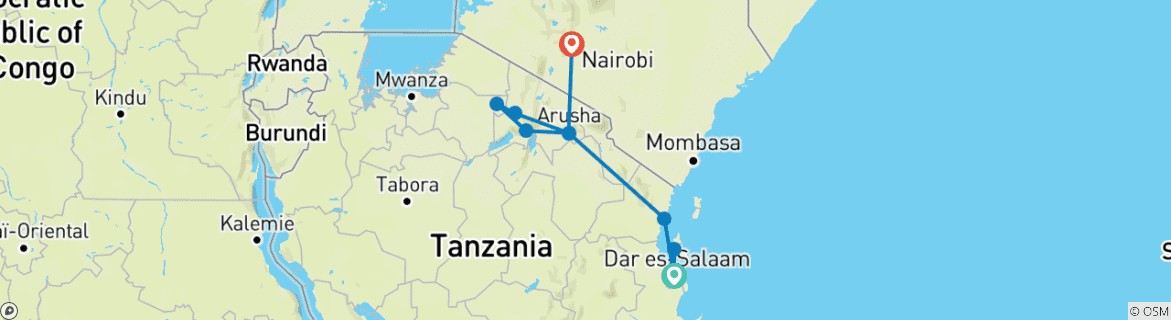 Map of Dar es Salaam to Nairobi 11 Days Overlanding