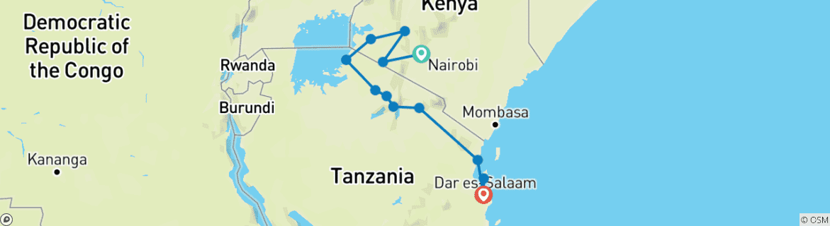 Map of Nairobi to Dar es Salaam 16 Days Overlanding