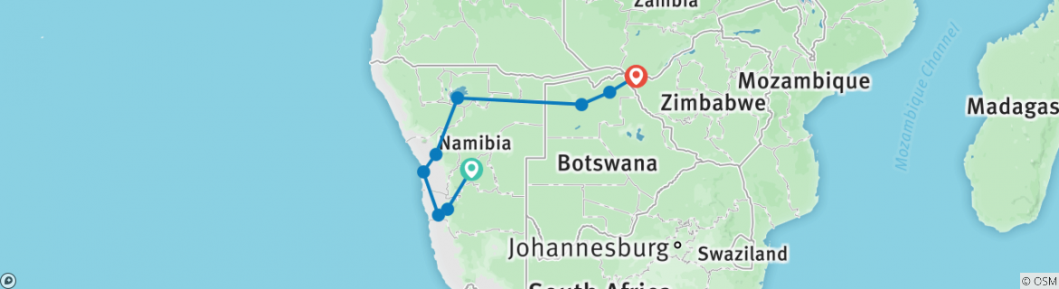 Mapa de Explorador de Namibia a las cataratas Victoria