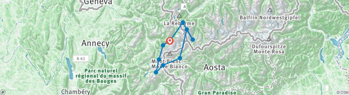 Image of a map showing the route of the tour