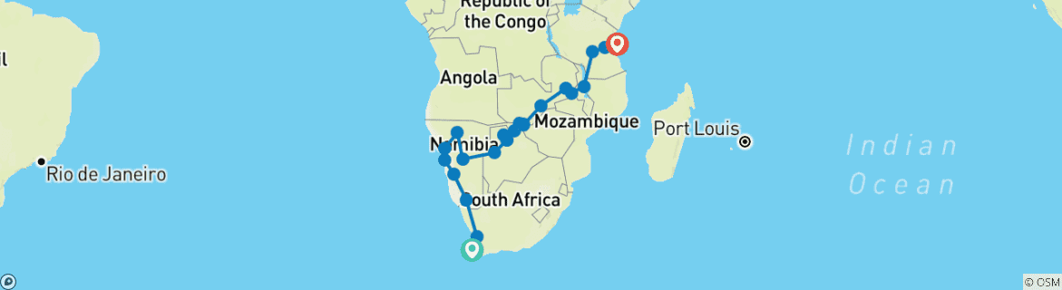 Map of Cape Town To Dar Es Salaam 37 Days Overlanding