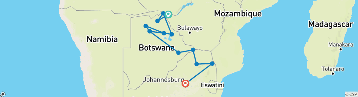 Map of Victoria Falls to Johannesburg 12 Days Overlanding