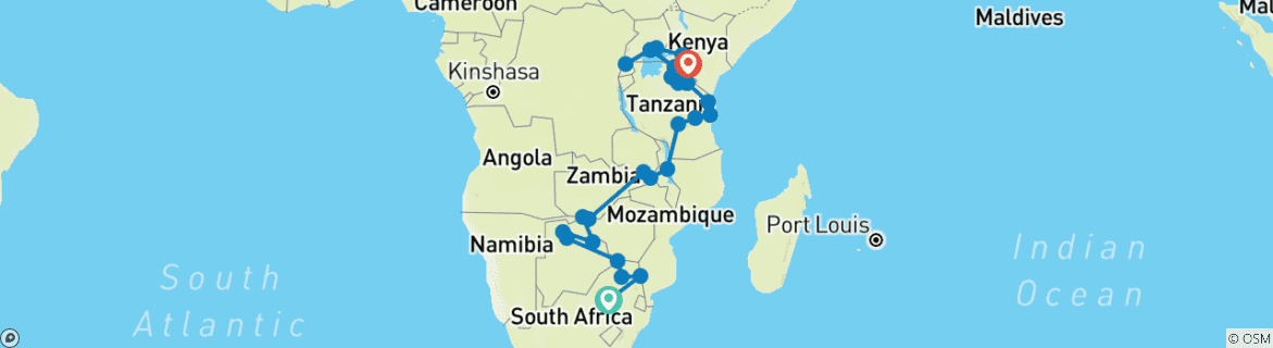 Image of a map showing the route of the tour