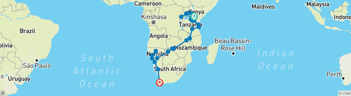 Mapa de De Nairobi a Ciudad del Cabo 57 días por tierra