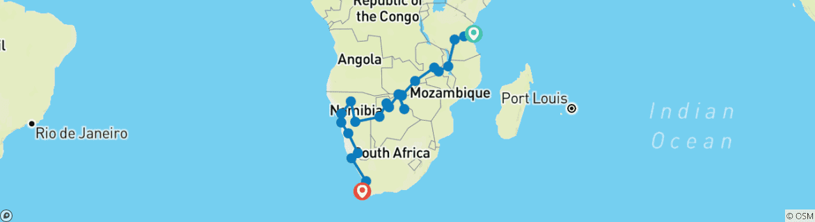 Map of Dar-es-Salaam to Cape Town 37 Days Overlanding