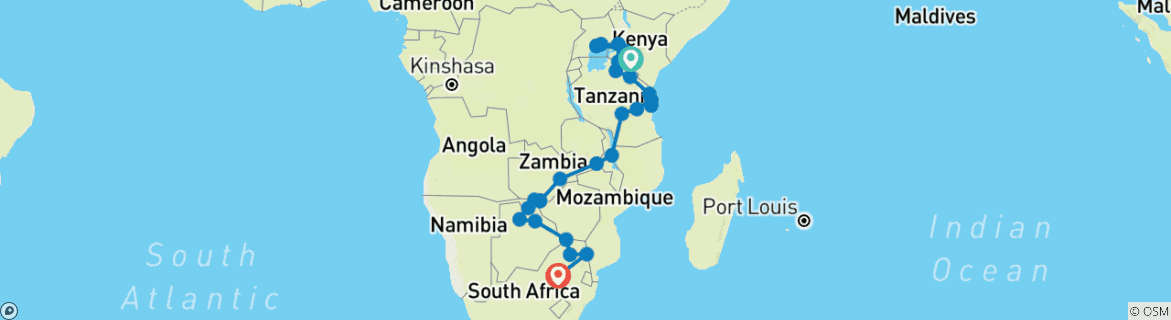 Mapa de De Nairobi a Johannesburgo 47 días por tierra