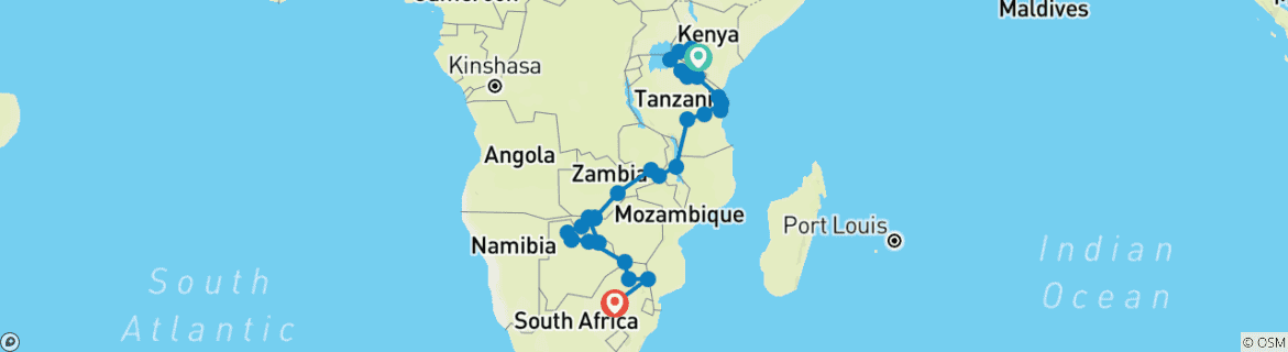 Mapa de De Nairobi a Joburg 38 días por tierra