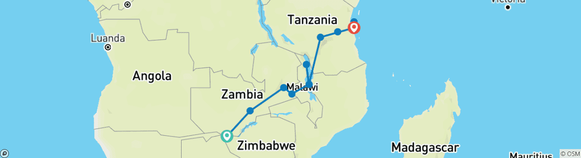 Map of Victoria Falls to Dar es Salaam 16 Days Overlanding